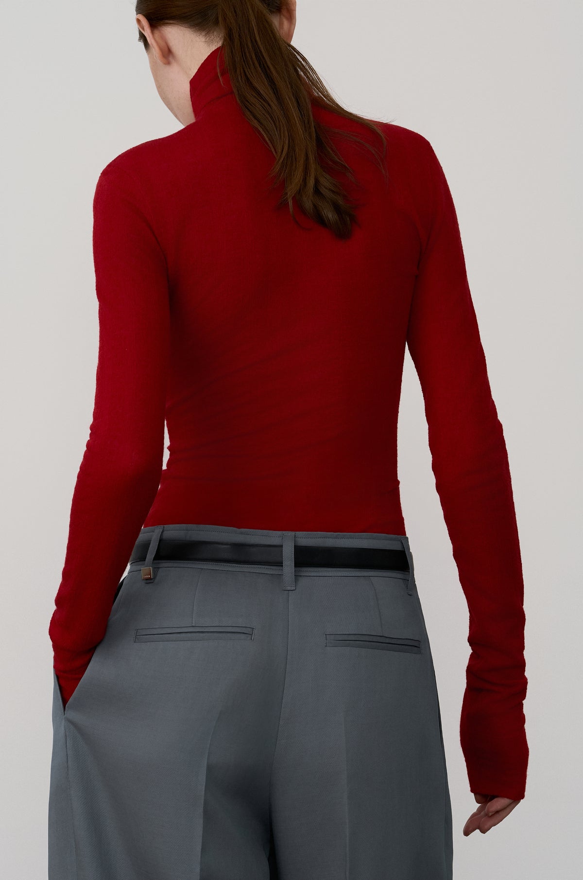SUBTLE STRIPED WOOL JERSEY HIGH-NECK TOP