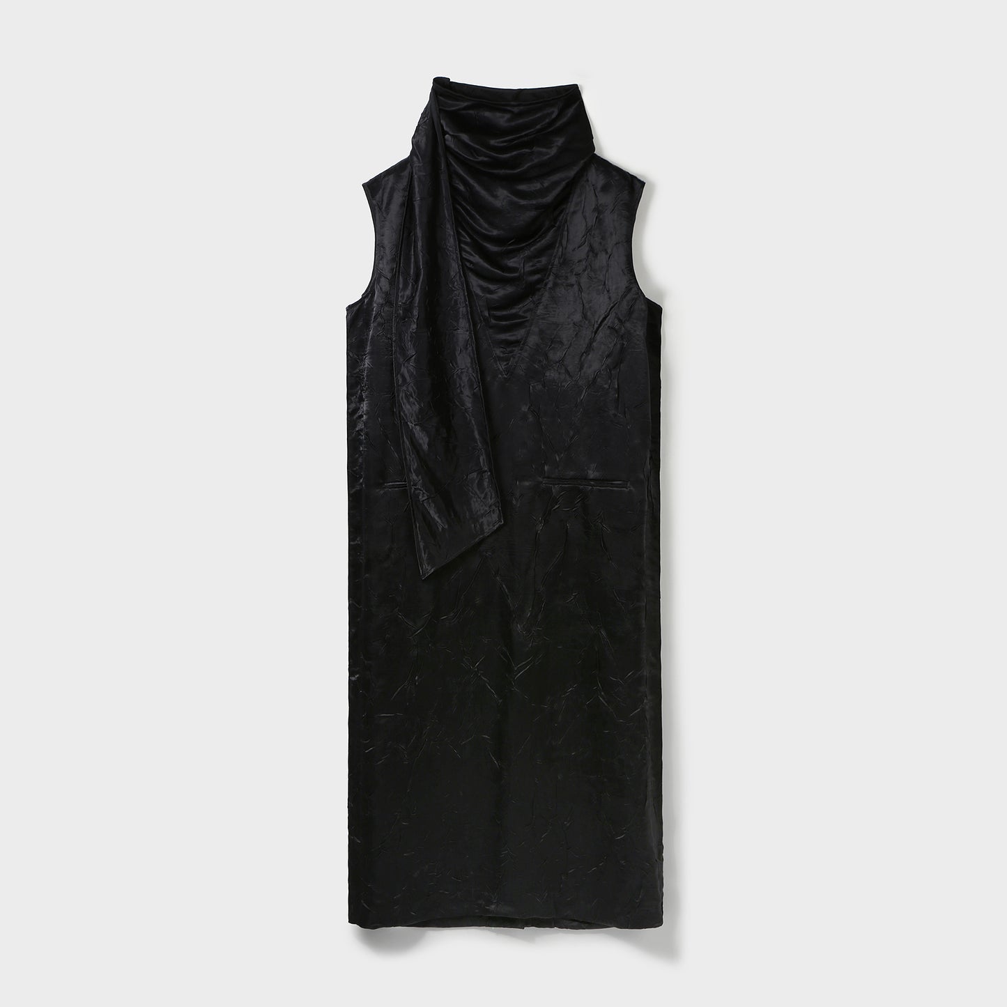 SCARF DETAIL SLEEVELESS CRINKLED DRESS