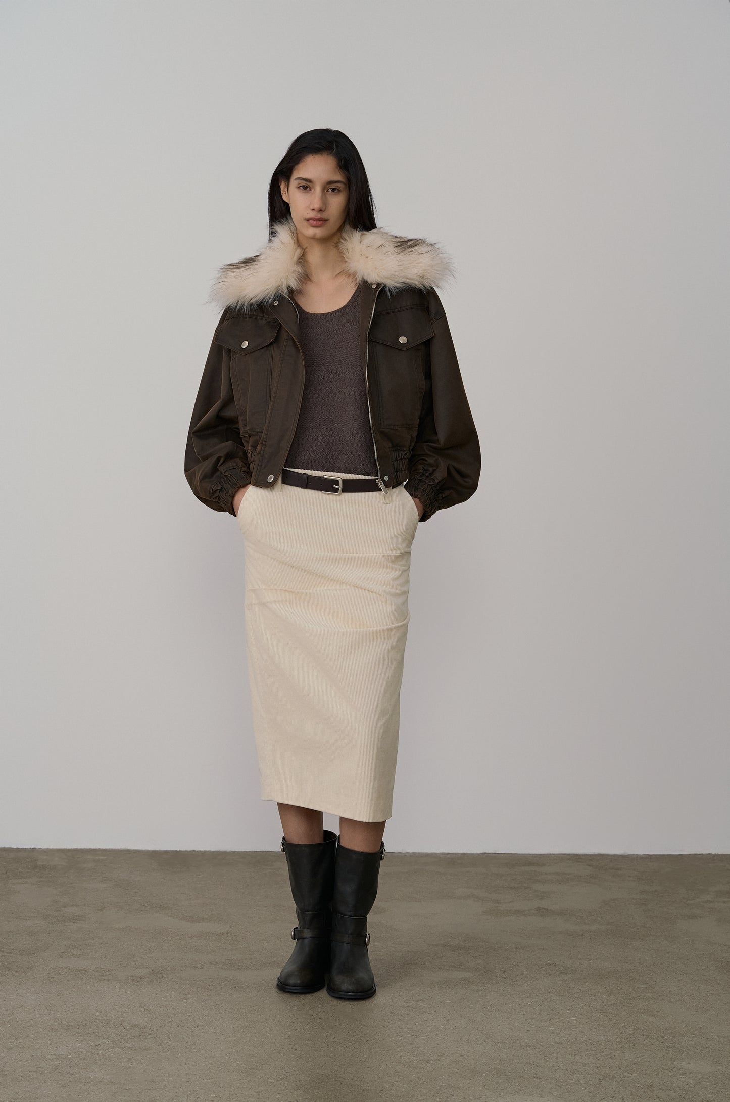 ASYMMETRIC TUCK DETAIL CORDUROY SKIRT