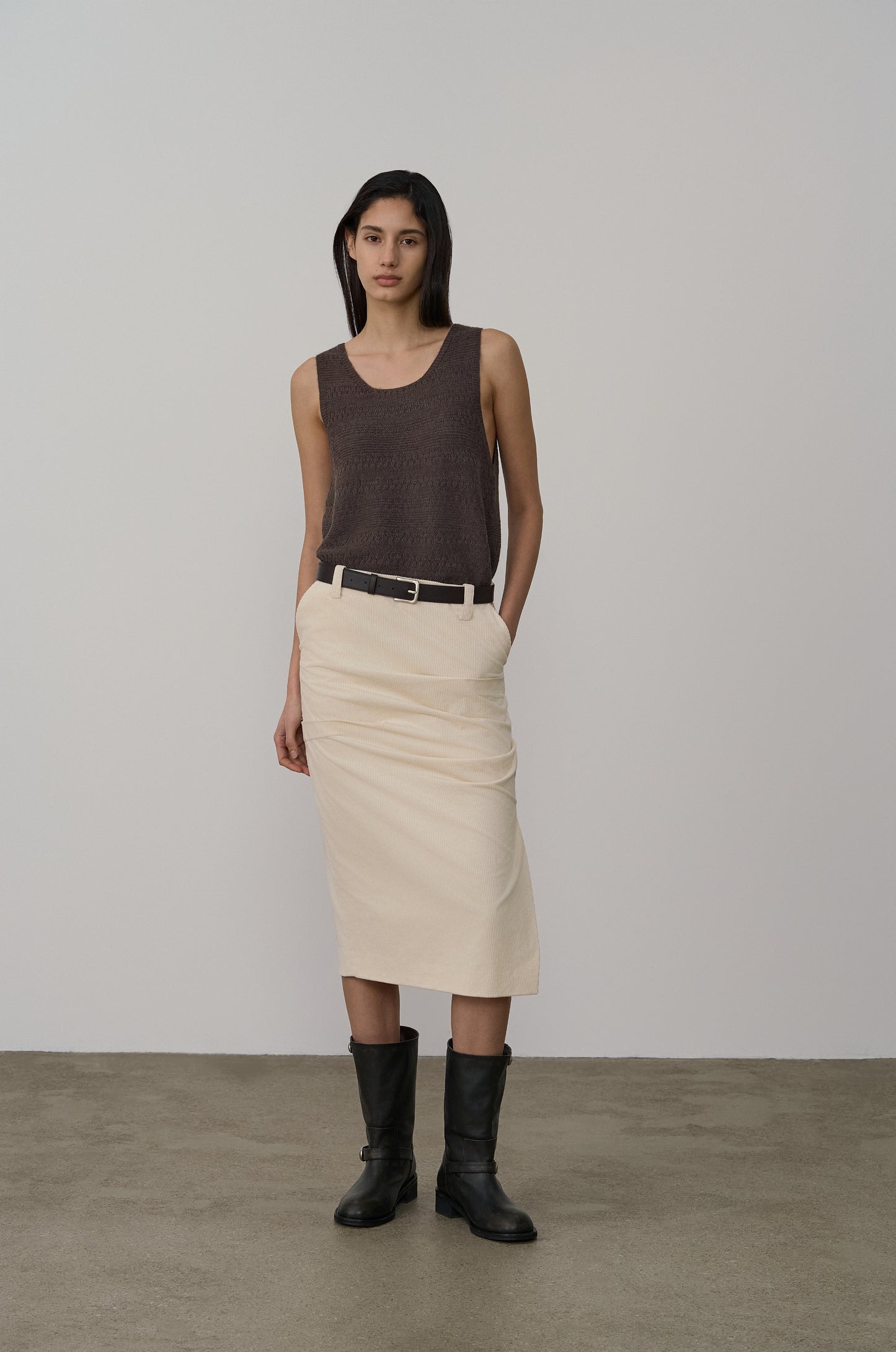 ASYMMETRIC TUCK DETAIL CORDUROY SKIRT