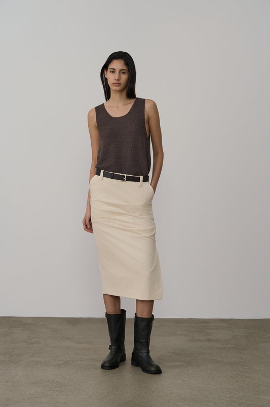ASYMMETRIC TUCK DETAIL CORDUROY SKIRT