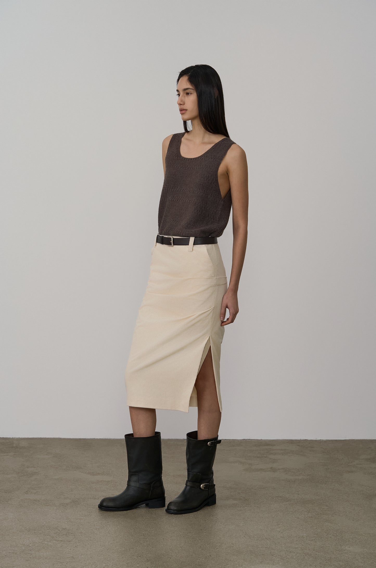 ASYMMETRIC TUCK DETAIL CORDUROY SKIRT