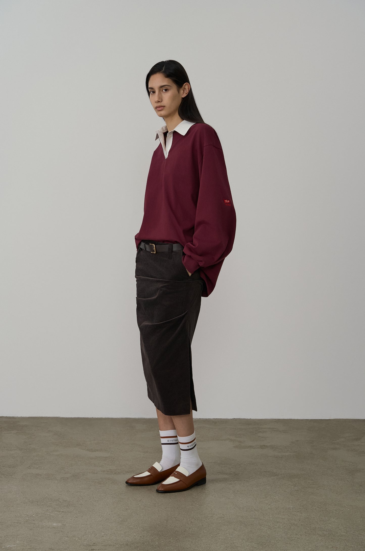 ASYMMETRIC TUCK DETAIL CORDUROY SKIRT