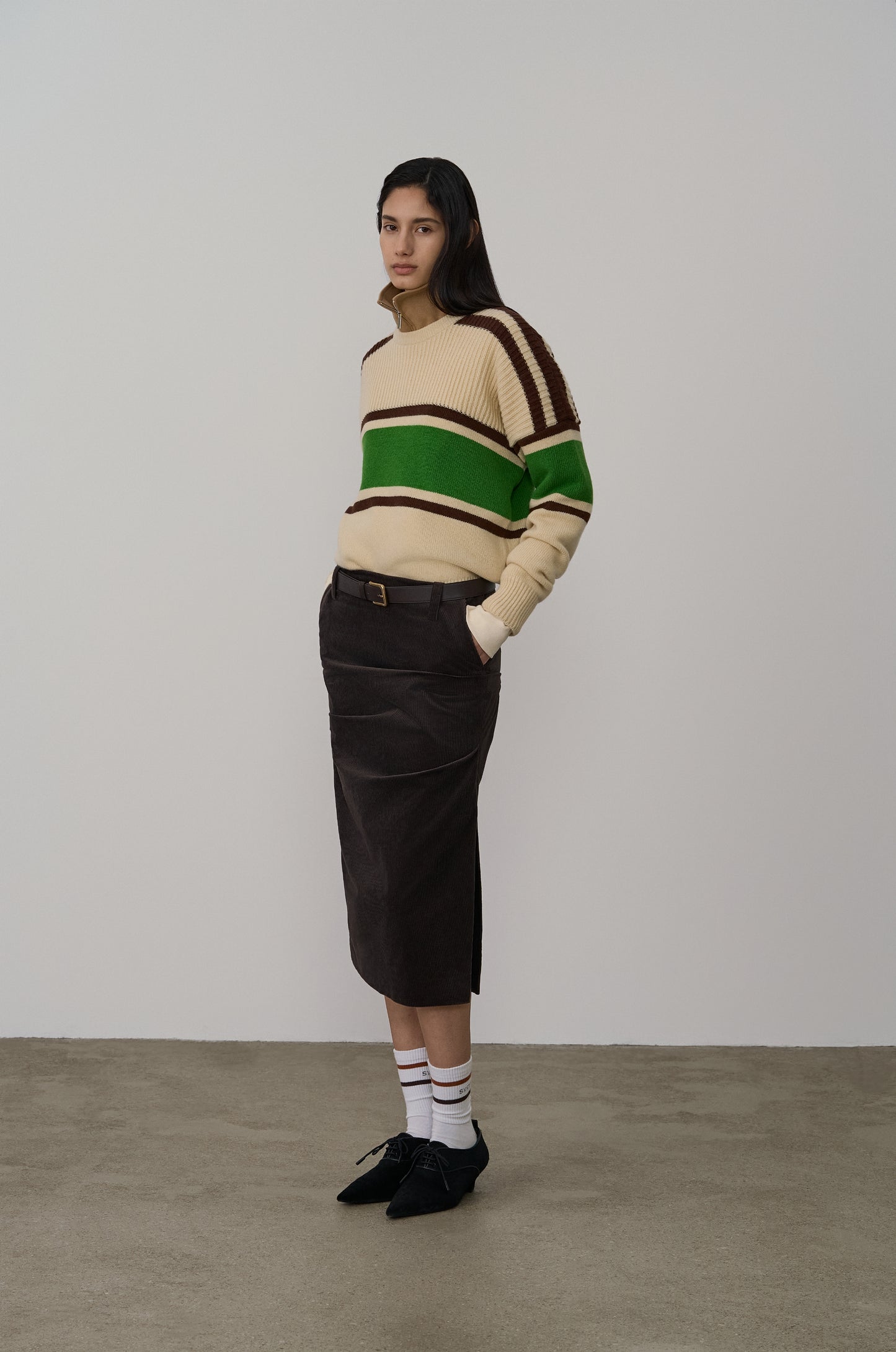 ASYMMETRIC TUCK DETAIL CORDUROY SKIRT