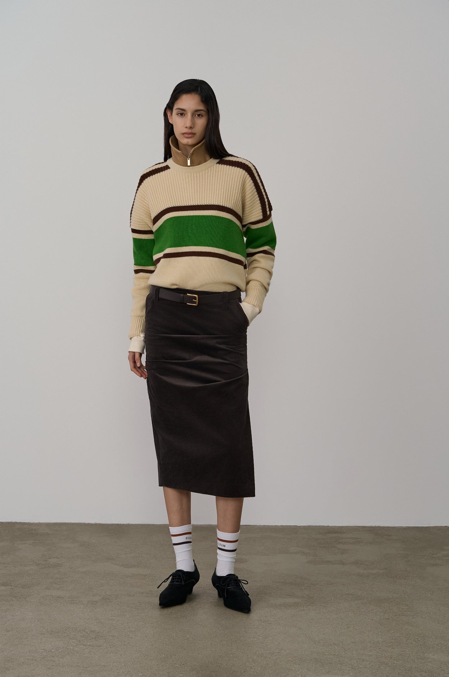 ASYMMETRIC TUCK DETAIL CORDUROY SKIRT