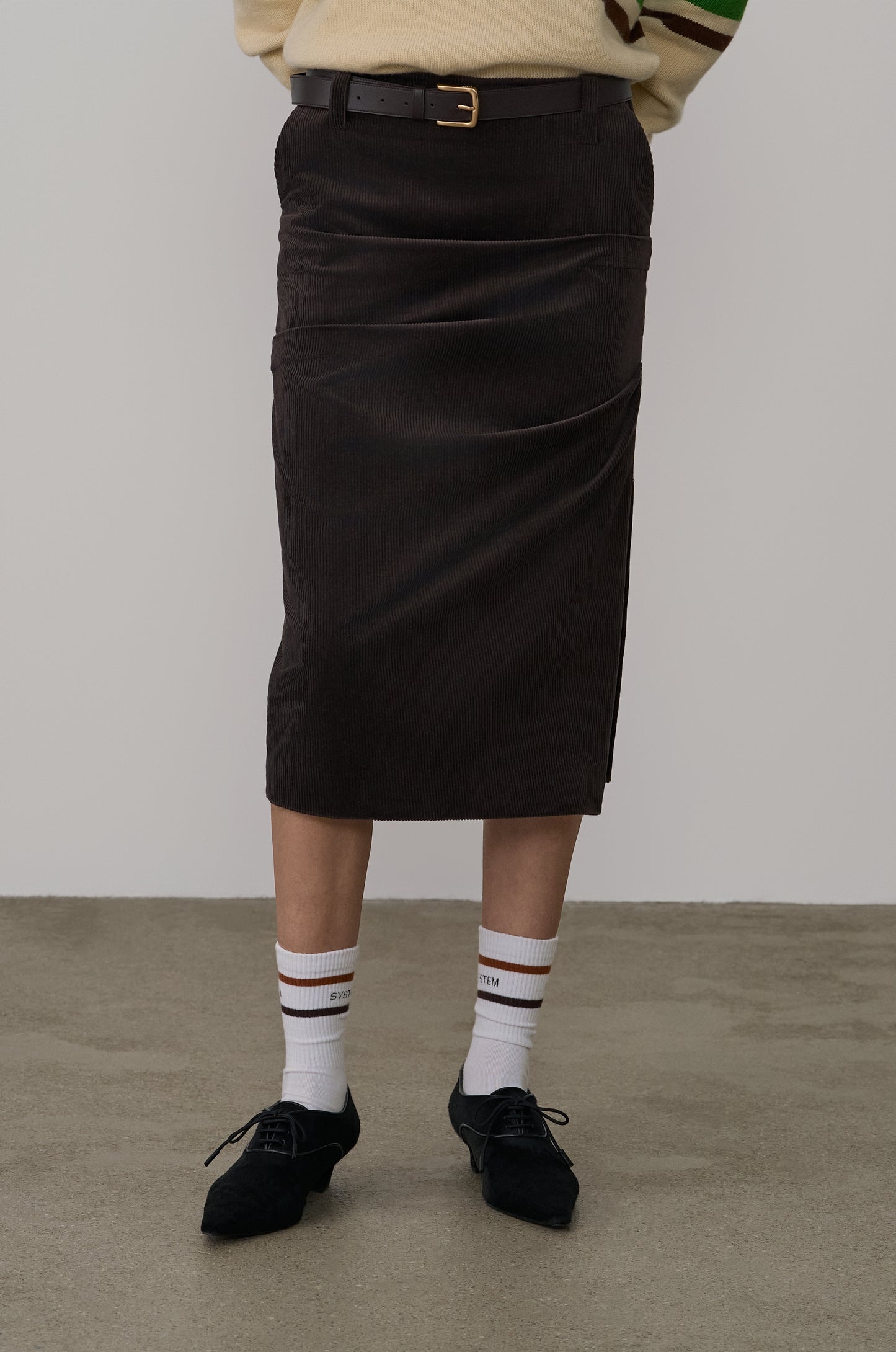 ASYMMETRIC TUCK DETAIL CORDUROY SKIRT