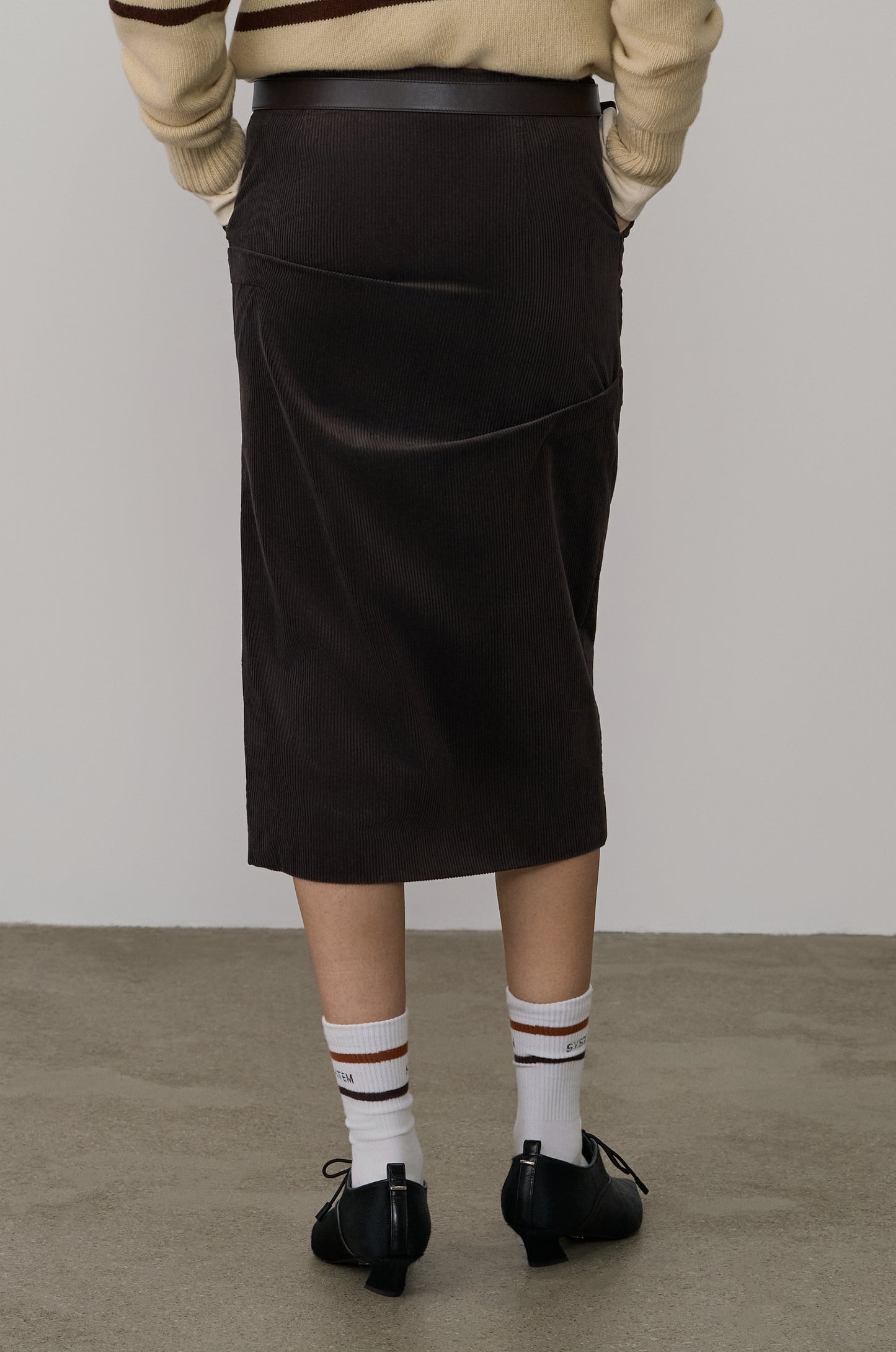 ASYMMETRIC TUCK DETAIL CORDUROY SKIRT