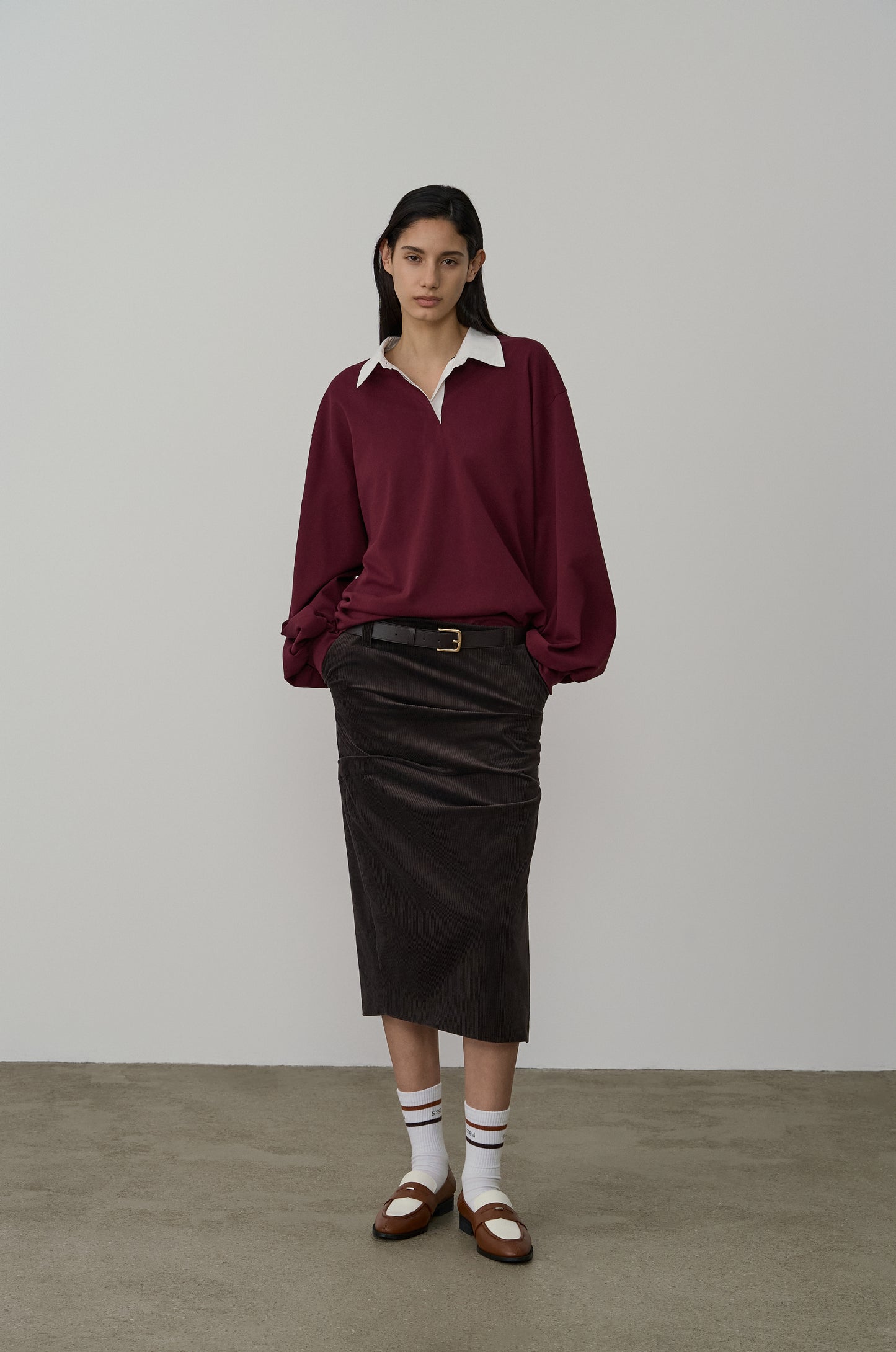 ASYMMETRIC TUCK DETAIL CORDUROY SKIRT