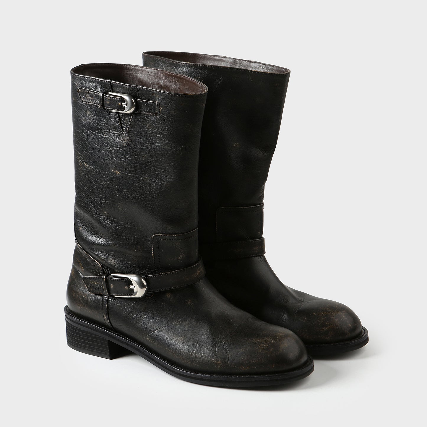 Washed Leather Mid-Calf Boots