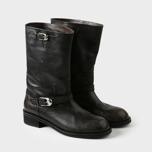 Washed Leather Mid-Calf Boots