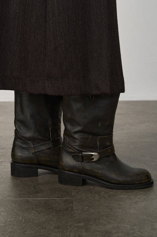 Washed Leather Mid-Calf Boots