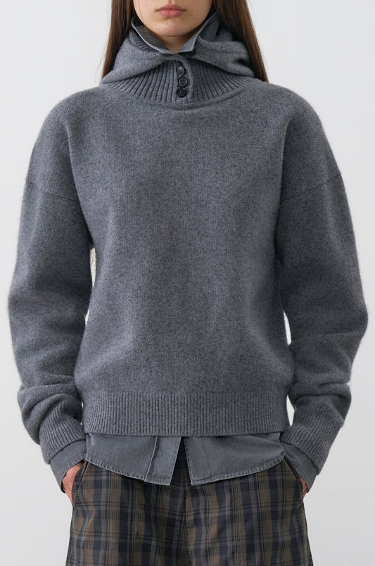 BUTTONED HOODED KNIT TOP