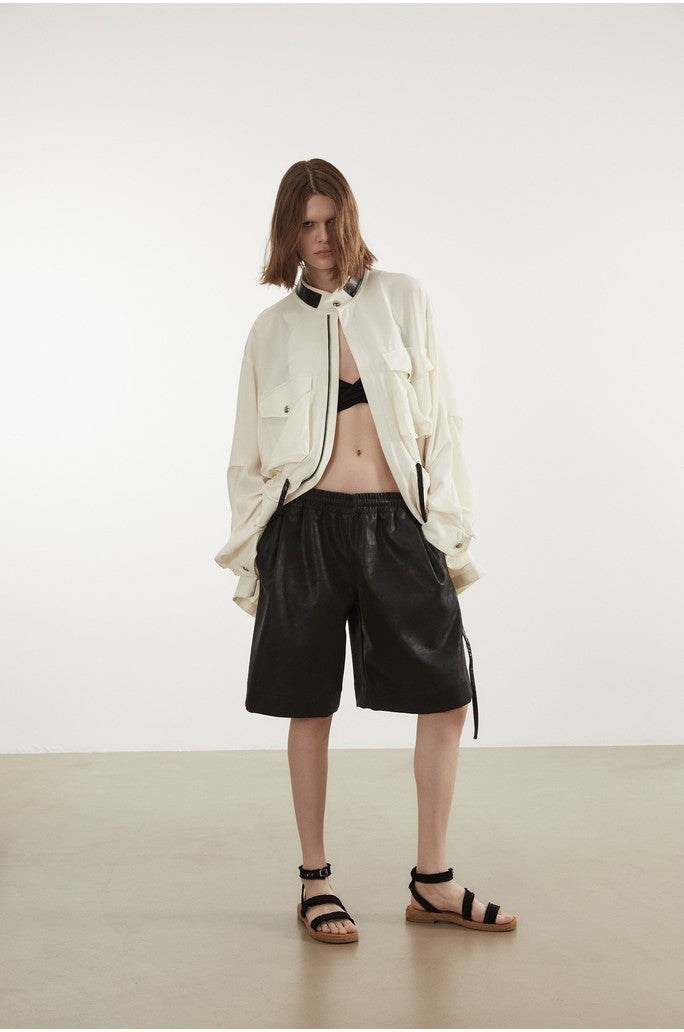 Drawstring Leather Bermuda Pants